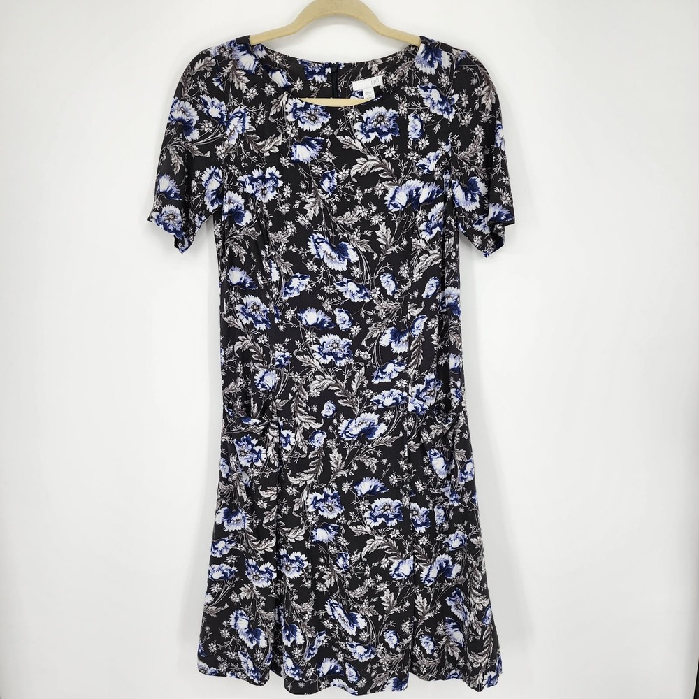 J Jill Floral Dress 2P‎ A Line Shift Short Sleeves Pockets 100% Rayon Gray Blue